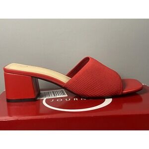 Journee Shoes Womens Size 9.5 Red SHILIN Knit Slide Block Heel Mules Sandals